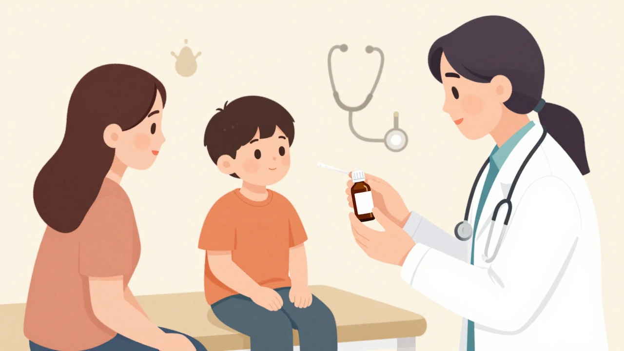 Pediatr vysvětluje léčbu kopřivky rodiči, dítě klidně sedí na vyšetřovacím stole.