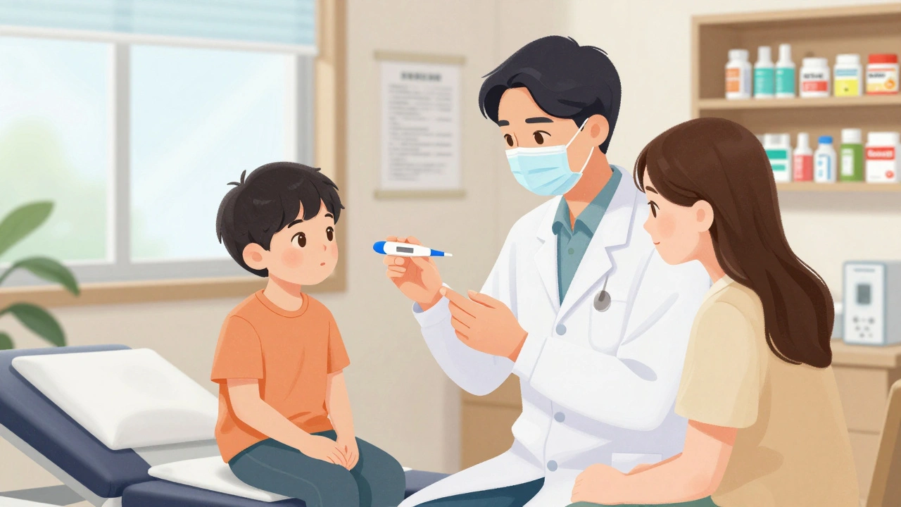 Pediátr vysvětluje rodiči péči o dítě s chřipkou v ordinaci, na stolku jsou vidět léky Panadol a Nurofen.