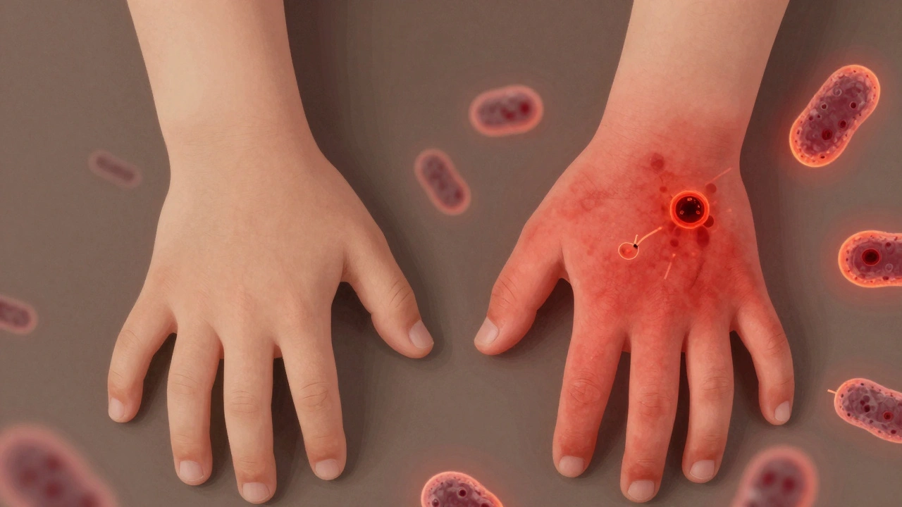 Porovnání zdravé kůže s prasklinou a infikované kůže s červenou vyrážkou na ruce.