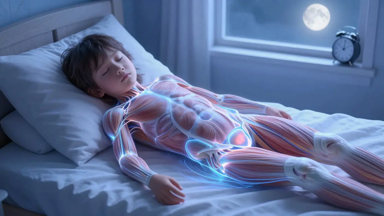 Představivý obrázek spícího dítěte s viditelnými, svítícími svaly pánevního dna.