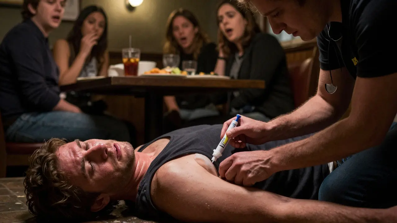 Příbuzný podává EpiPen na zem v restauraci, ostatní lidé v šoku.