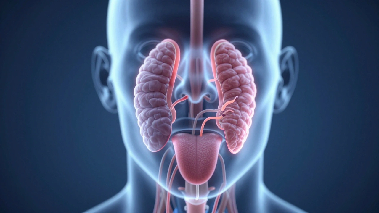 Průhledný náčrtek lidské hlavy s vyznačenými třemi páry slinných žláz