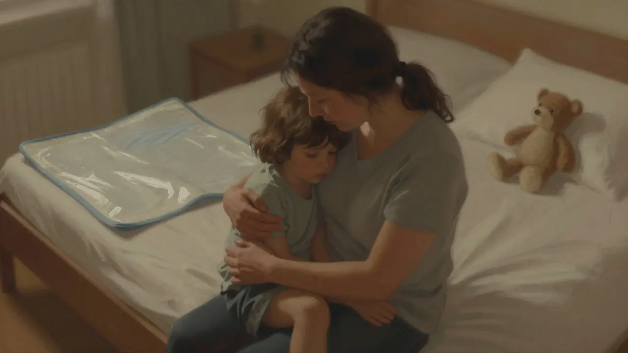 Rodič a dítě se objímají po nočním incidentu, v pozadí viditelná vodotěsná podložka a klidné osvětlení.