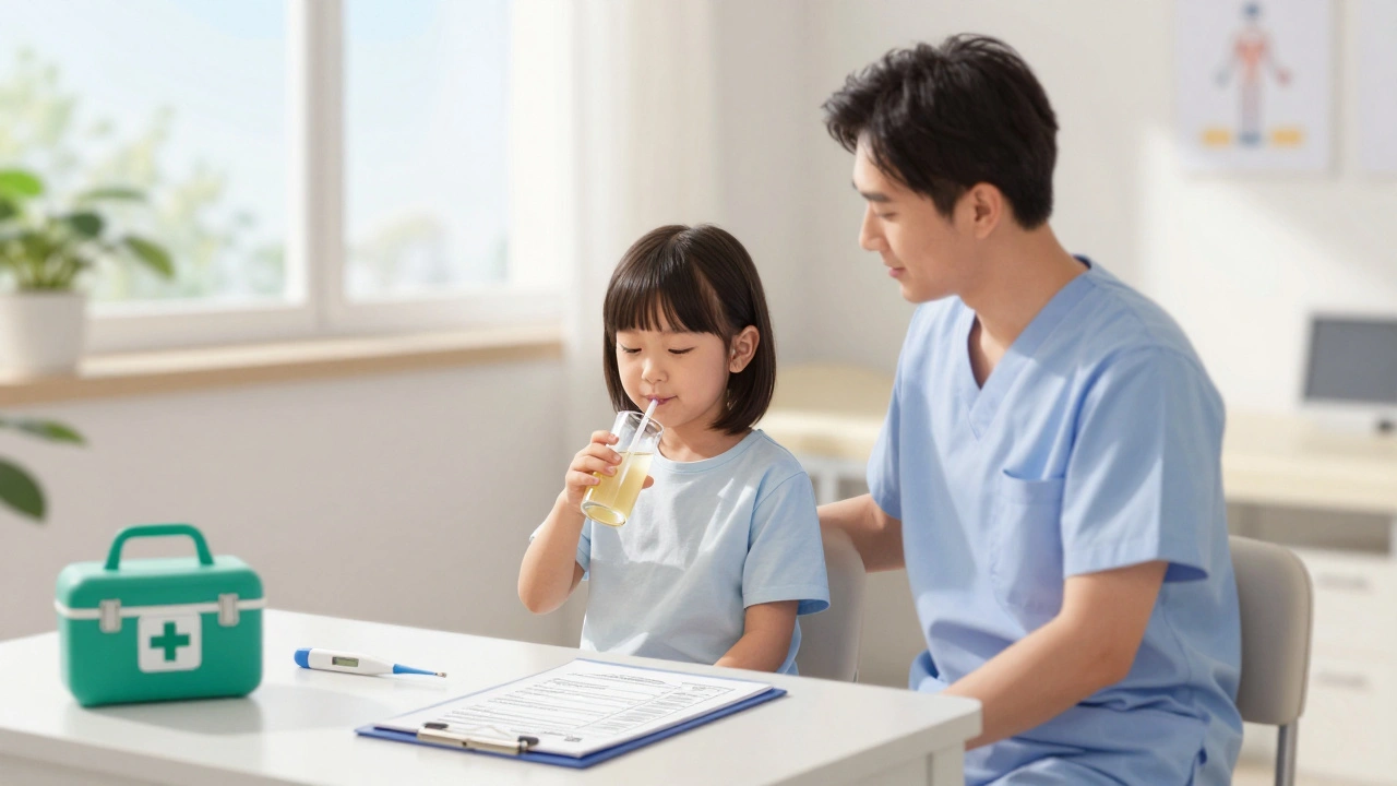 Rodič a dítě sedí v ordinaci, dítě pije elektrolyty, slunce osvětluje mírný a klidný obraz.