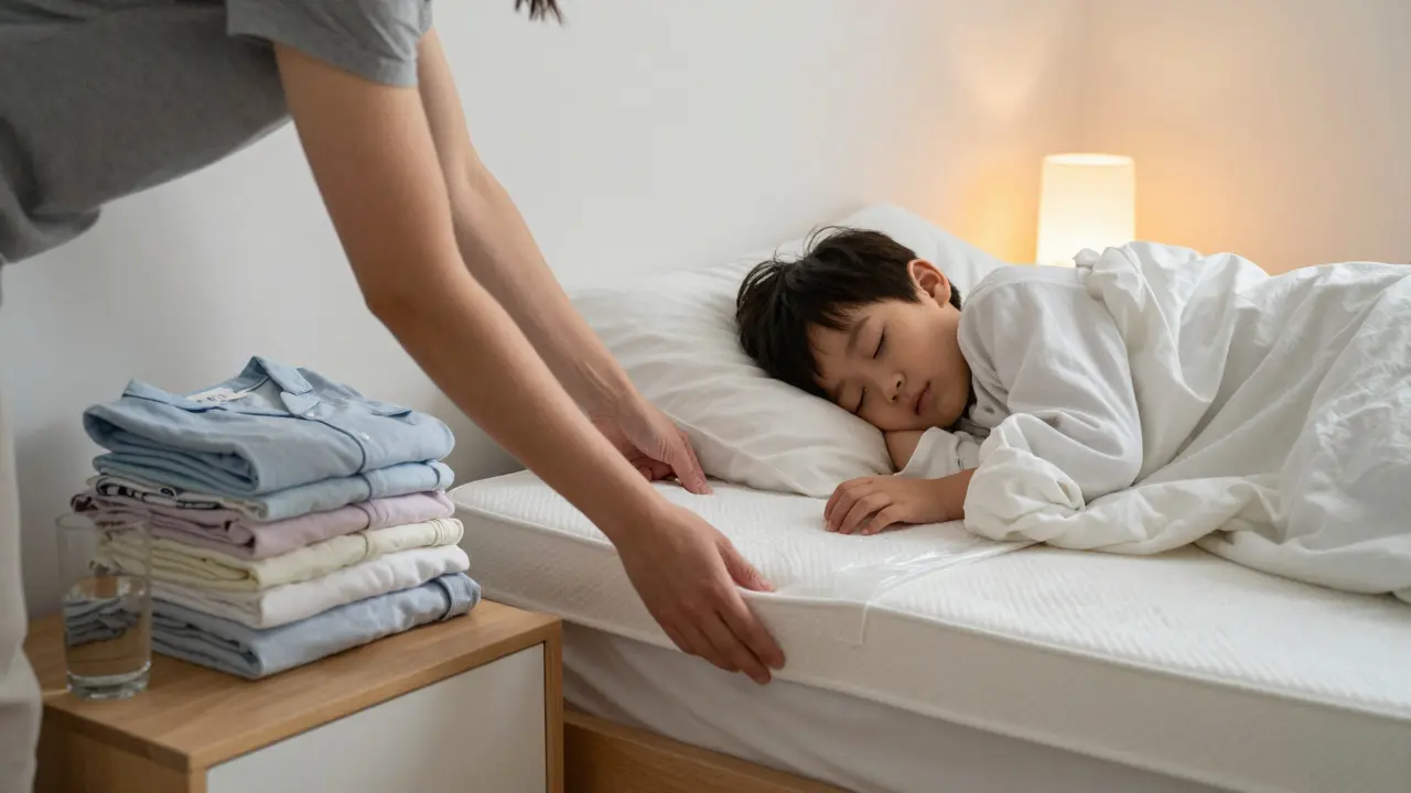 Rodič mění vodotěsnou podložku v dětské posteli, dítě klidně spí pod přikrývkou.