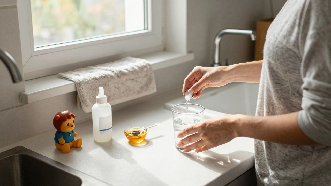 Rodič připravuje solný roztok pro výplach nosu s medem a vodou na kuchyňském stole.