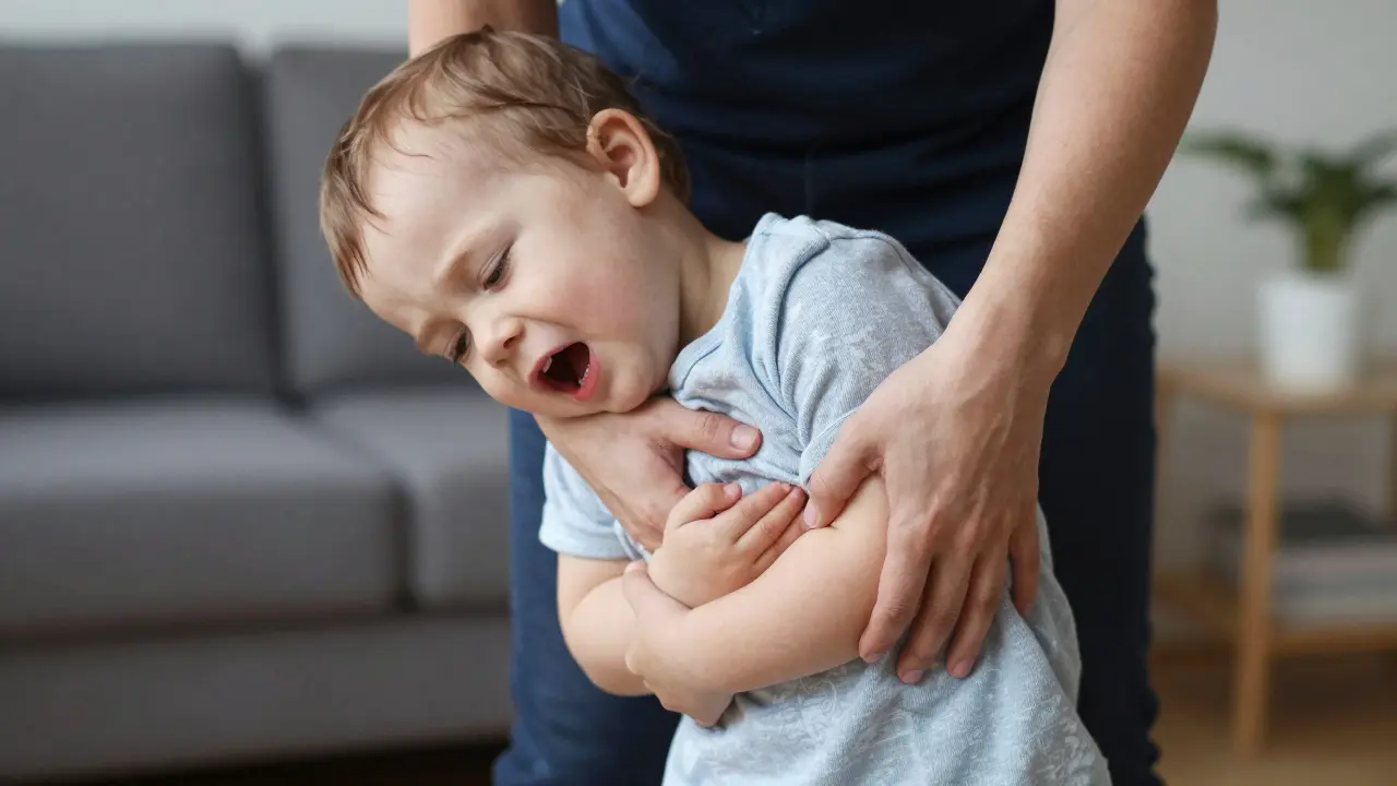 Rodič provede abdominální tlačení u dítěte, které se udusilo, v domácím prostředí.
