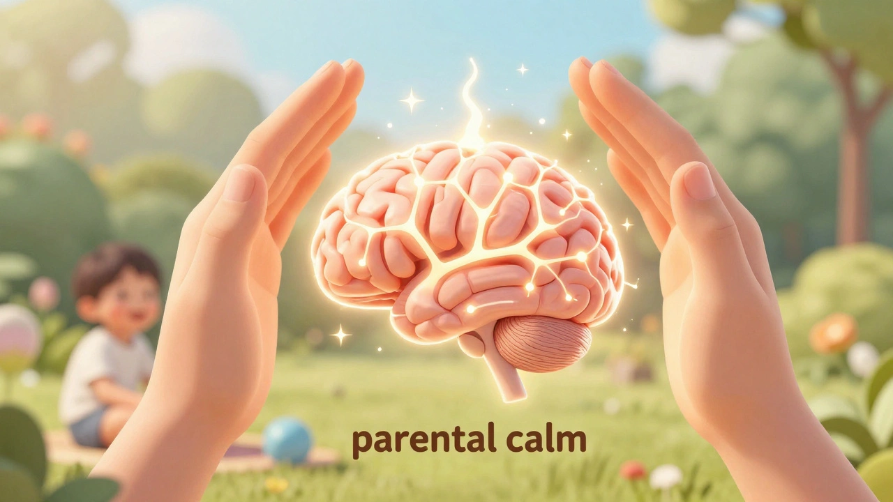 Symbolický obrázek mozku dítěte s teplotním výbojem chráněného rukou rodiče.