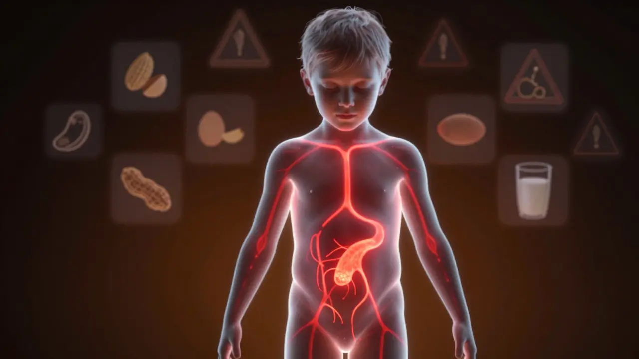 Transparenční ilustrace dítěte s červenými cestami histaminu šířícími se z břicha k pokožce.