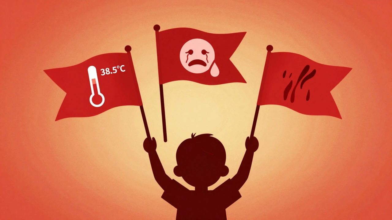 Tři červené varovné znaky: horečka, dehydratace a krev v moči.