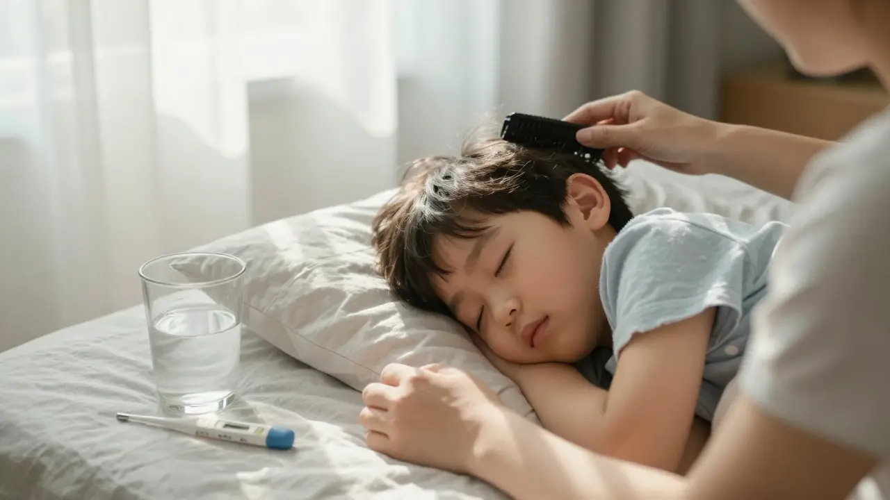 Uklidněné dítě spí v posteli, slunce osvětluje pokoj, vedle je sklenice vody.