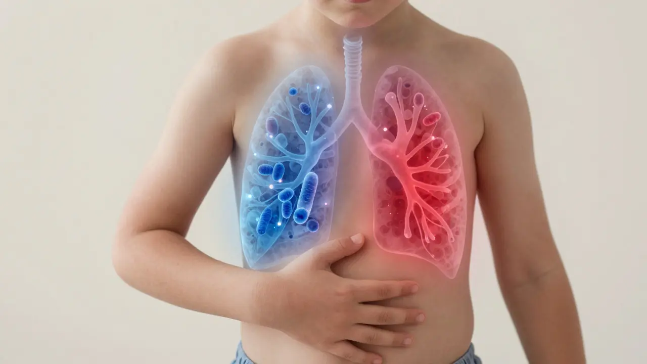 Vnitřní zobrazení zápalu plic u dítěte s viditelnými infikovanými váčky.