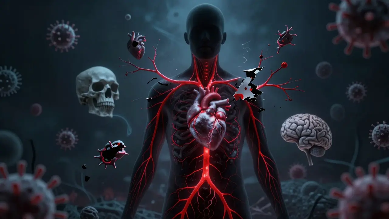 Abstraktní znázornění vnitřního poškození těla způsobeného pozdním syfilisem.