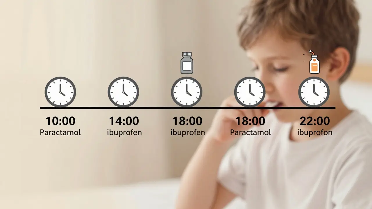 Časový plán střídání paracetamolu a ibuprofenu každé 4 hodiny.