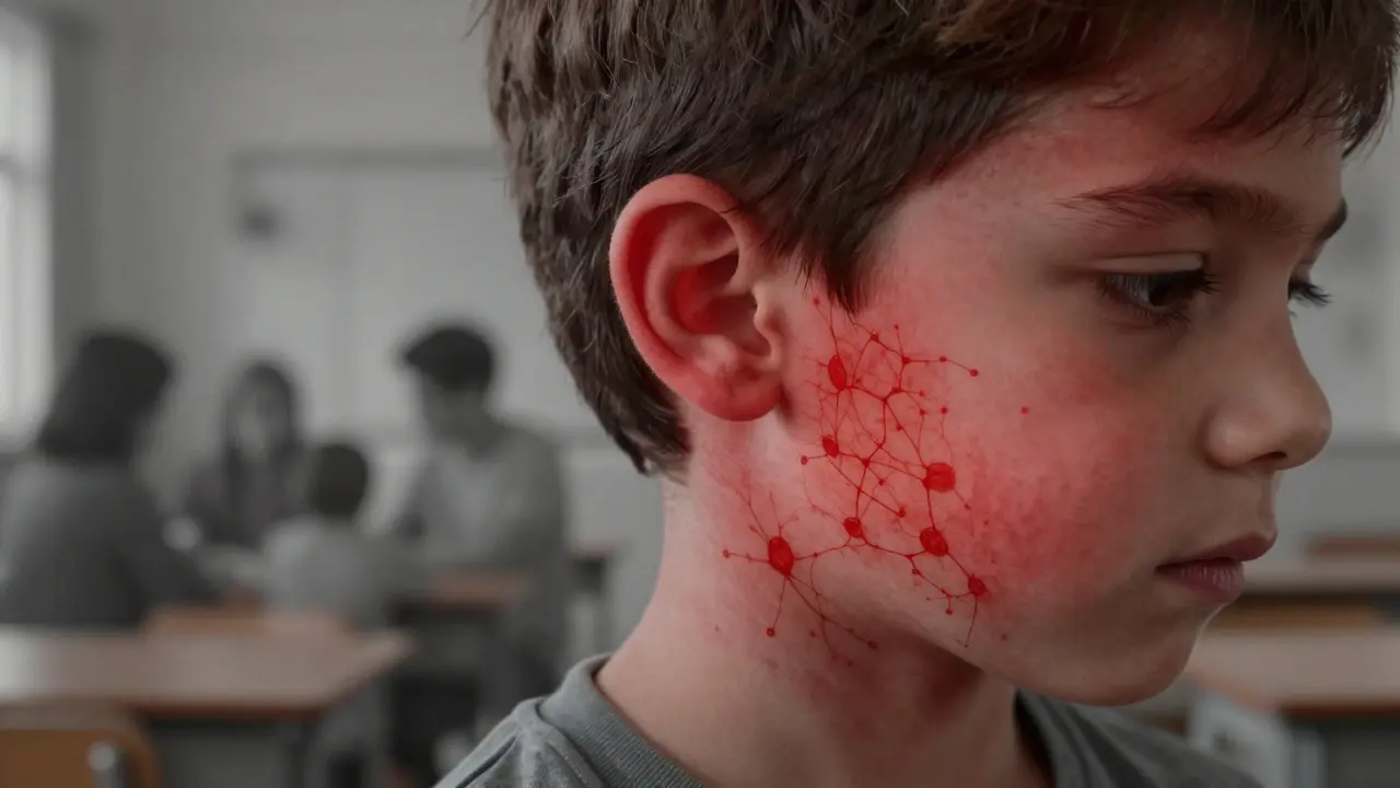 Červená vyrážka se šíří od ucha po obličej a krk, pozadí ukazuje školu a rodinu.