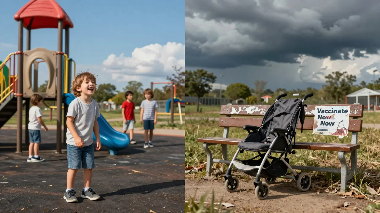 Děti hrají na hřišti v jedné části, druhá část je opuštěná a zanedbaná.