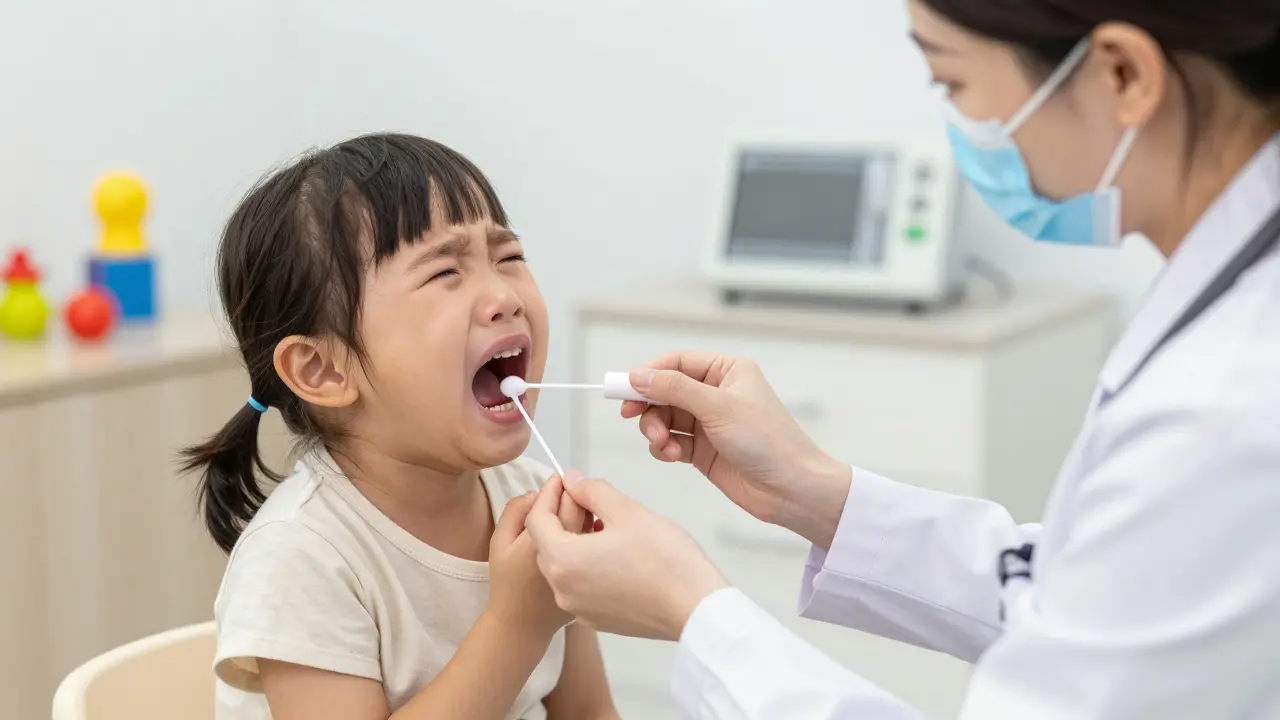 Dětský lékař provádí rychlý test na spalový streptokok v ordinaci.