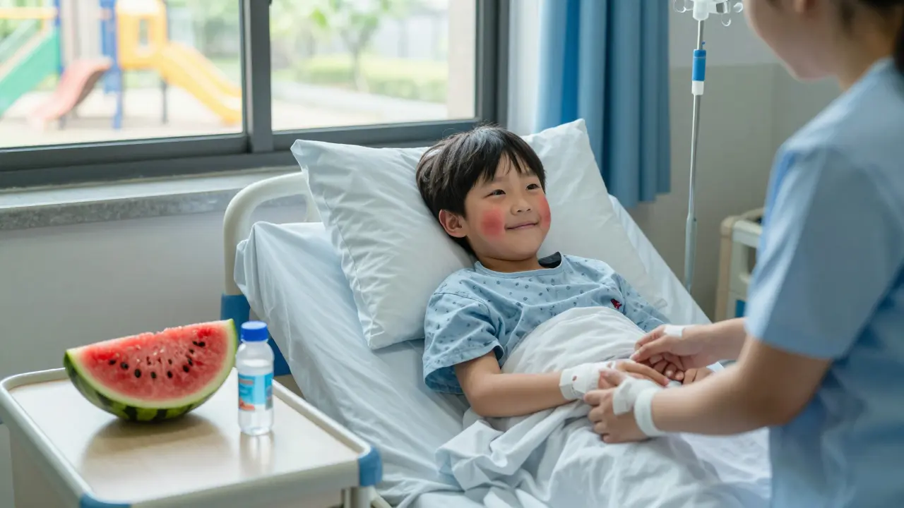 Dítě dostává intravenózní tekutiny v nemocnici, rodič drží jeho ruku, na stole meloun.