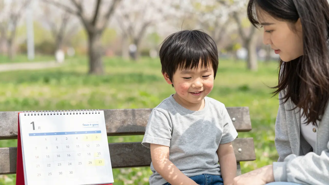 Dítě hrající na jaře ve skleněném parku, s jemnou vyrážkou na kůži, rodič pozoruje s klidem.