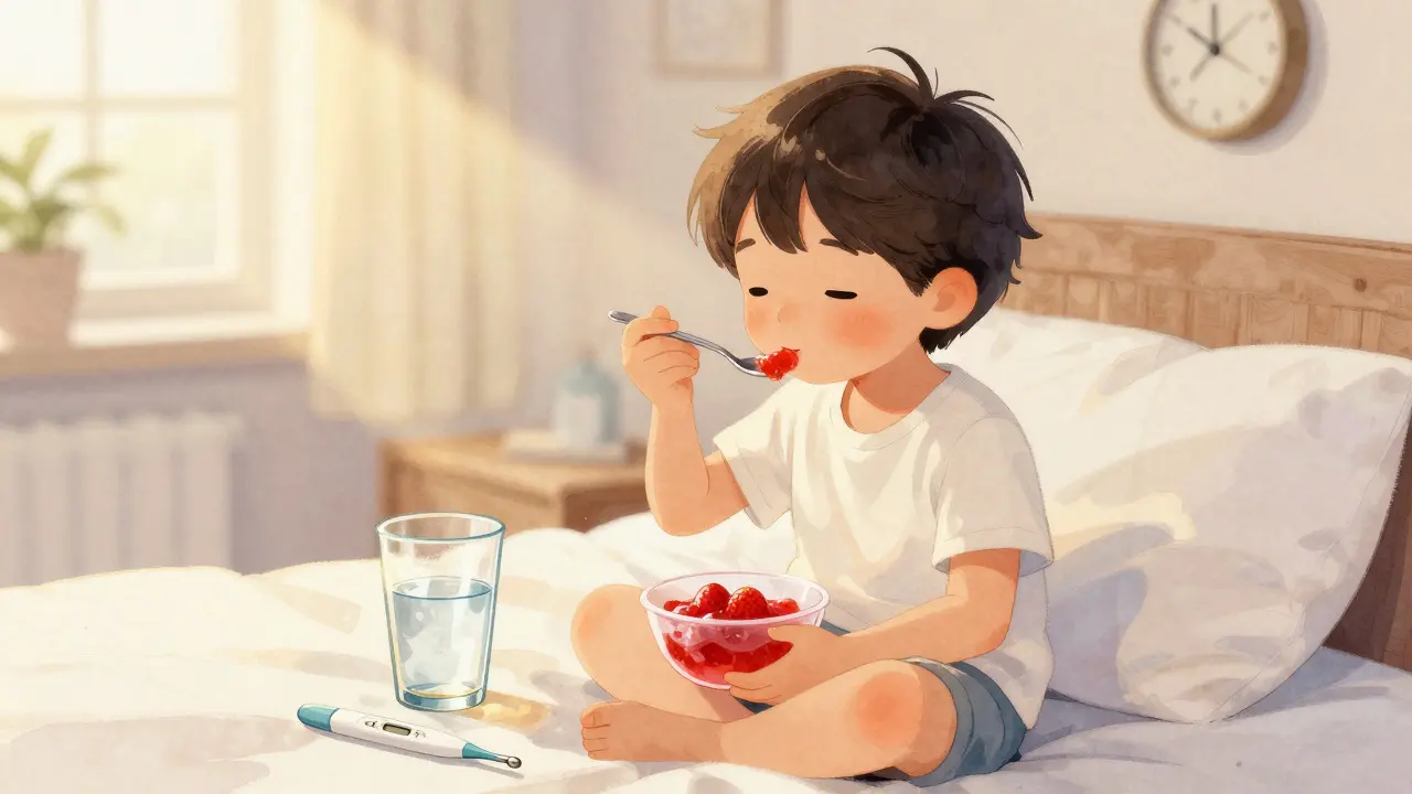 Dítě jedí jahodové želé v posteli, slunce září skrz okno, u postele je sklenice vody.