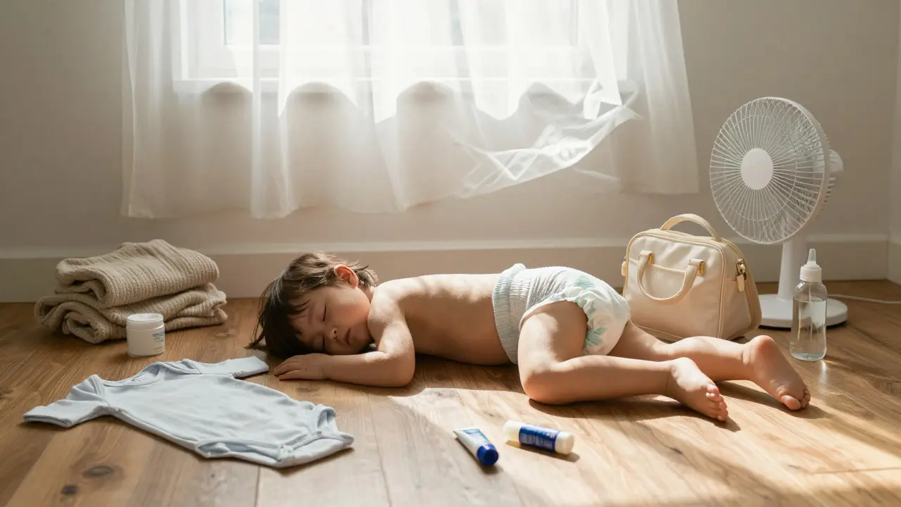 Dítě leží bez pleny na podlaze při světle, kolem něj jsou předměty, které předcházejí potničkám — lehké oblečení, ventilátor a voda.