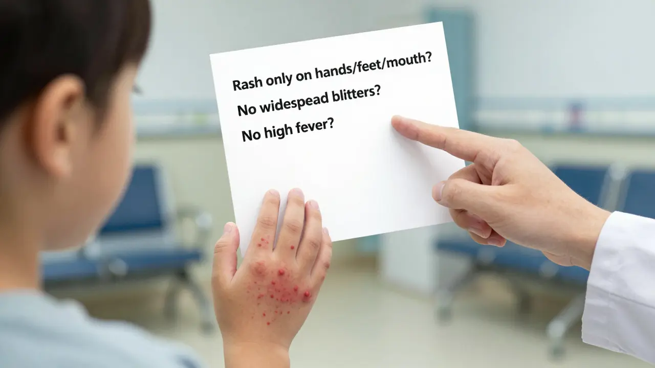 Dítě s červenými vyrážkami na ruce a nohou, malý puchýřek u úst.