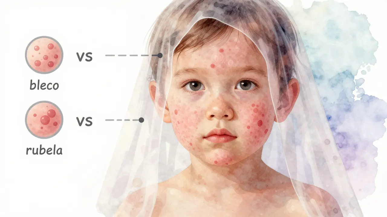 Dítě s jemnou růžovou vyrážkou na obličeji, zvětšené lymfatické uzliny za ušima.