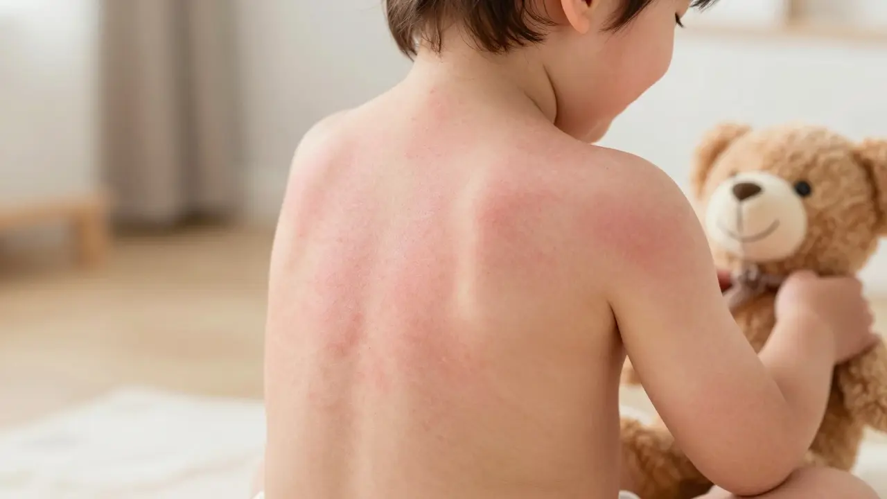 Dítě s jemnou růžovou vyrážkou na zádech hraje s panákem.