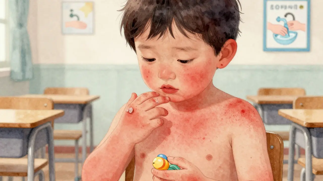 Dítě s růžovou vyrážkou a odlupující se kůží na prstech, známky spály.