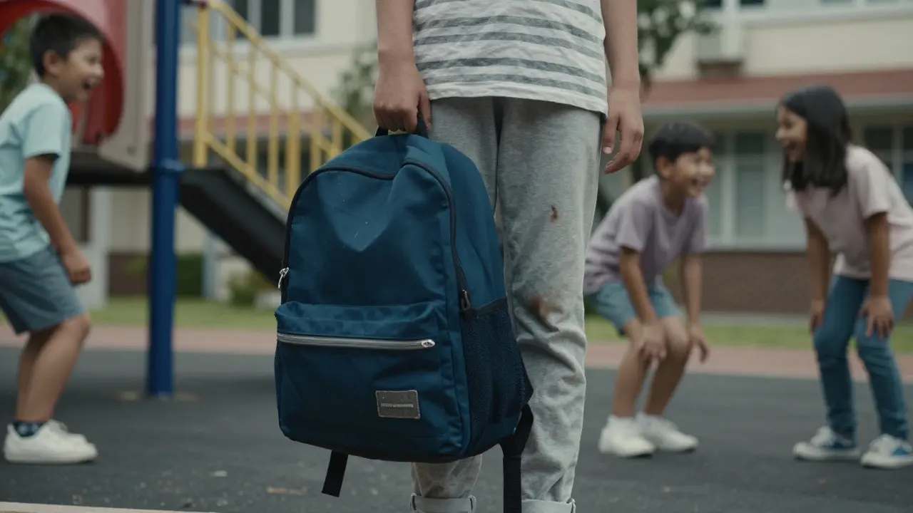 Dítě se cítí osamělé na školní hřišti s viditelnou skvrnou na kalhotách.