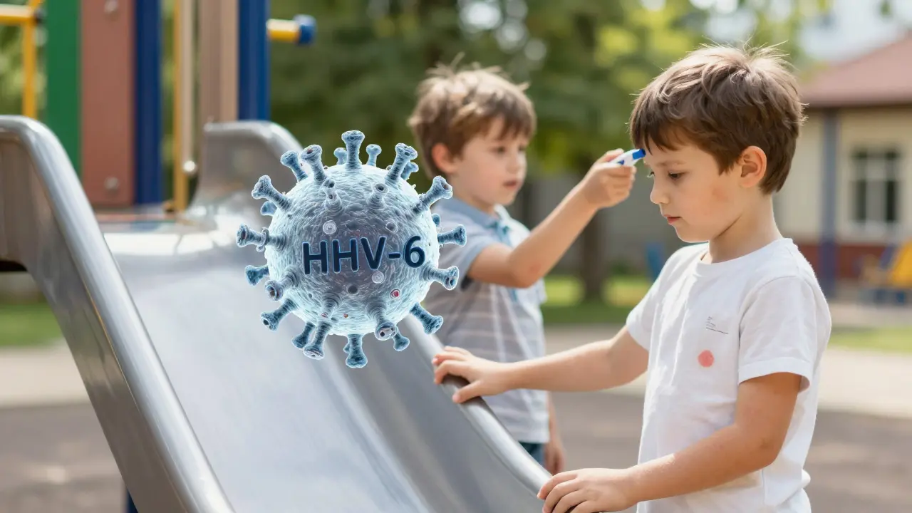 Dítě se dotýká hřiště, kde se šíří virus, jiné děti hrají v pozadí.