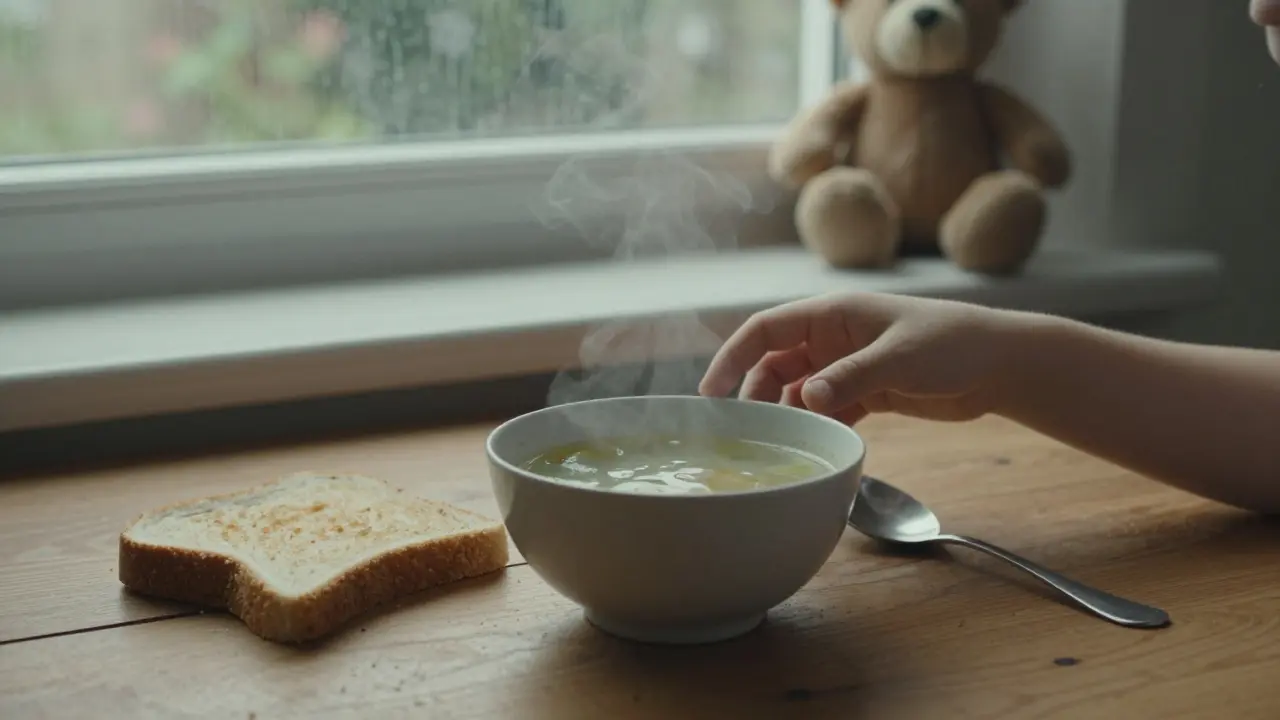 Dítě se snaží dosáhnout na mírnou polévku a sušenku na stole, za ním prší venku.