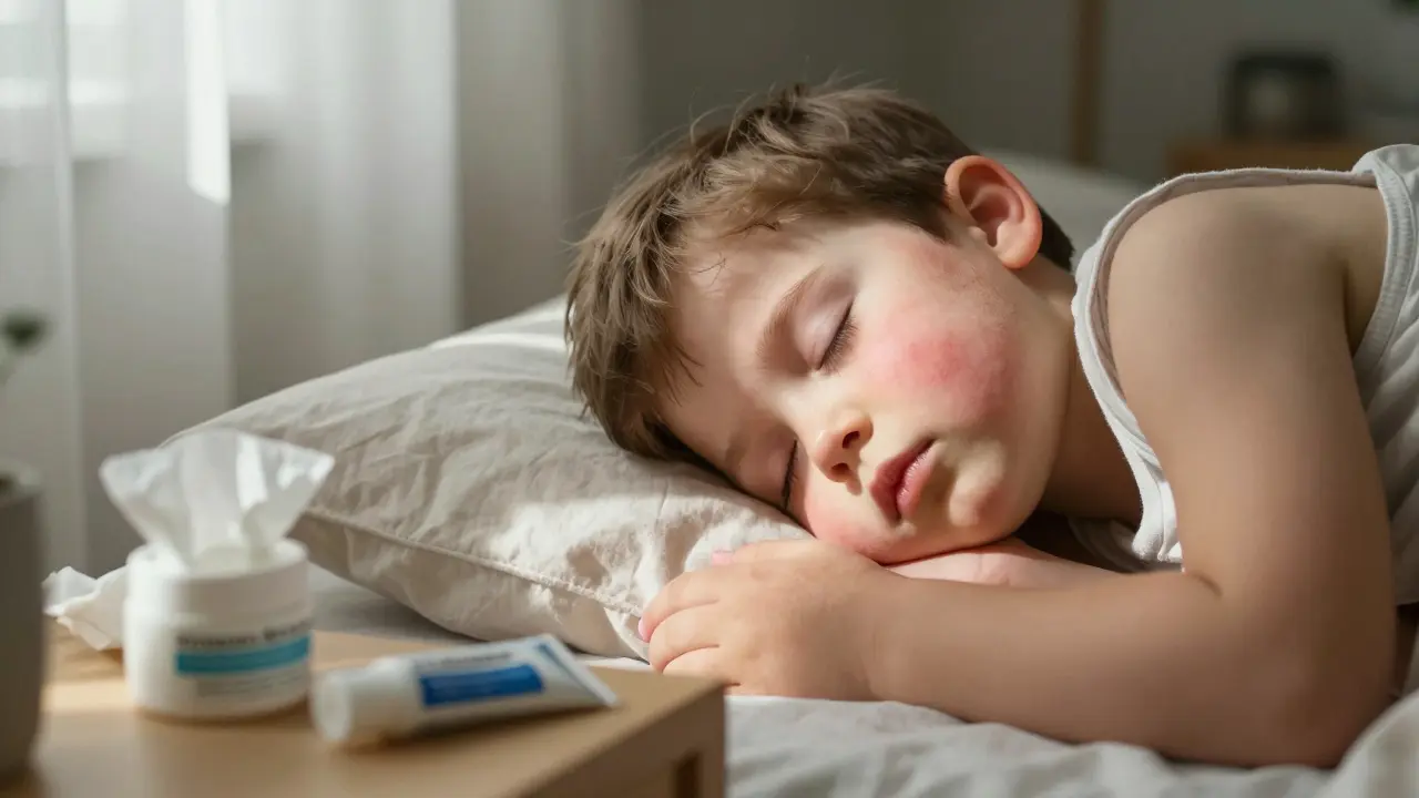 Dítě spí klidně po vyléčení vyrážky, sluneční světlo na klidné kůži.