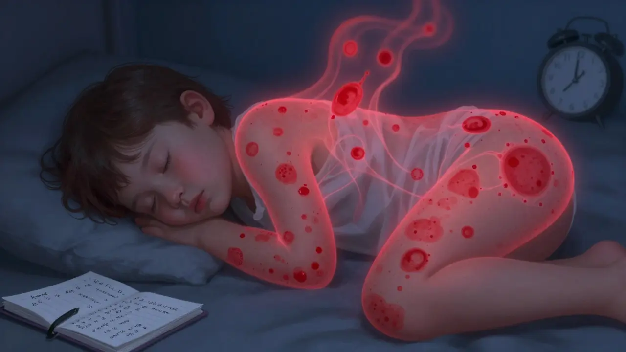 Dítě spí, nad tělem se objevují průhledné červené skvrny, symbolizující koprivku, vedle leží deník.