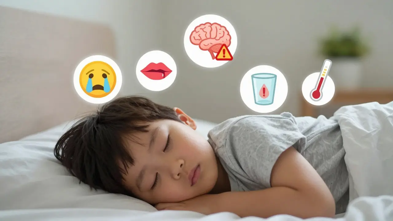 Dítě v posteli s představou varovných příznaků horečky: suché rty, vyrážka, záchvaty a teploměr.