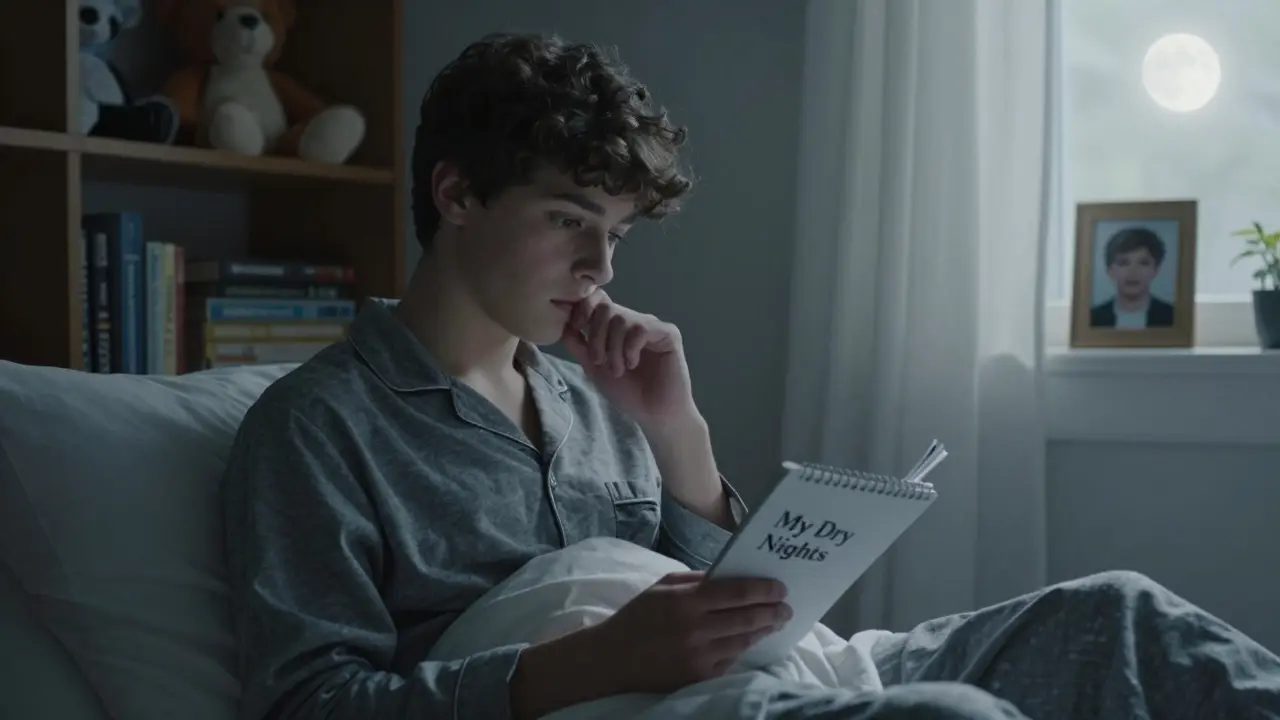 Dospívající se dívá na noční alarm v měsíčním světle, v pozadí knihovna a poznámky o suchých nocích.
