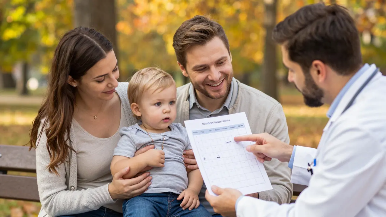 Family reviewing vaccination record with pediatrician in a park