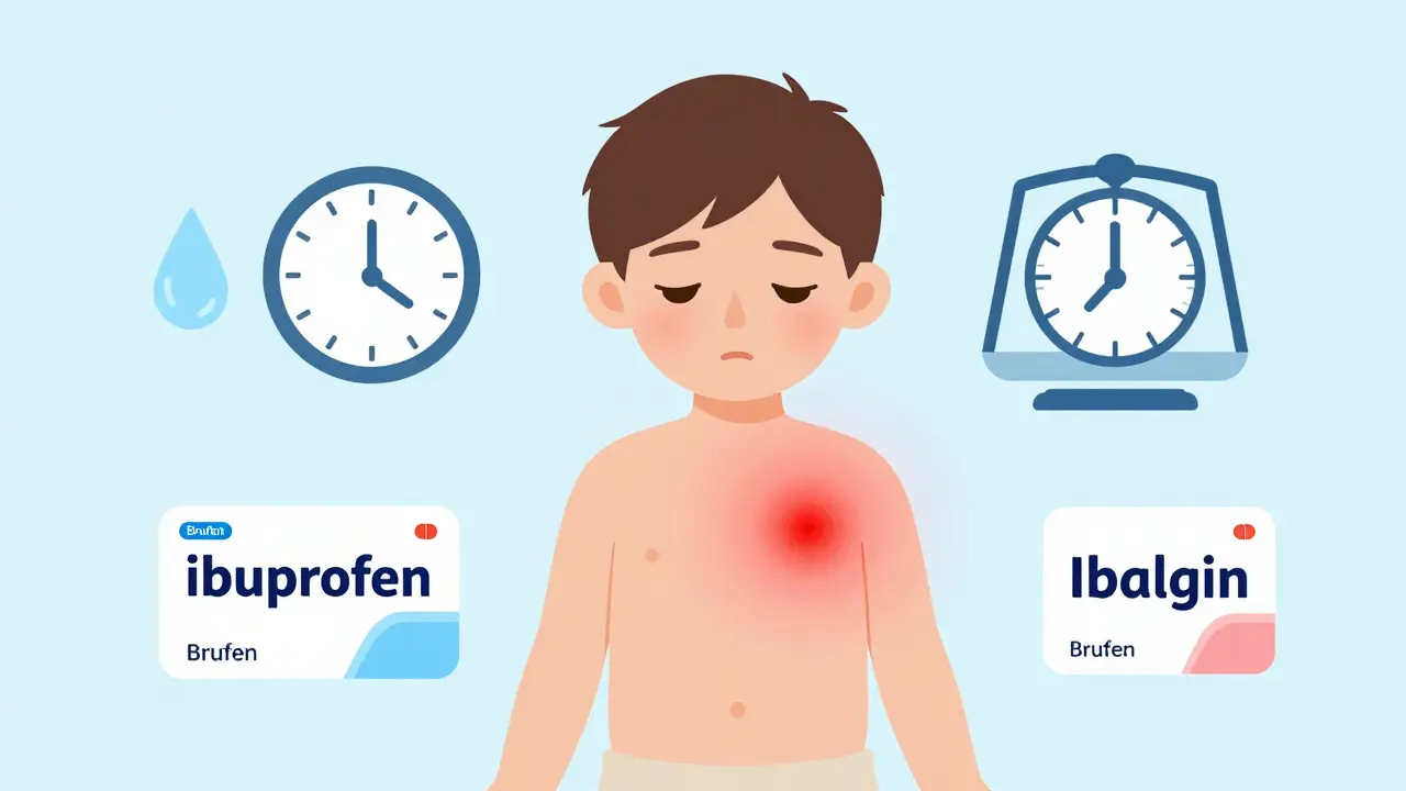Ilustrace těla dítěte s horečkou a identickými tabletami ibuprofenu v různých baleních.