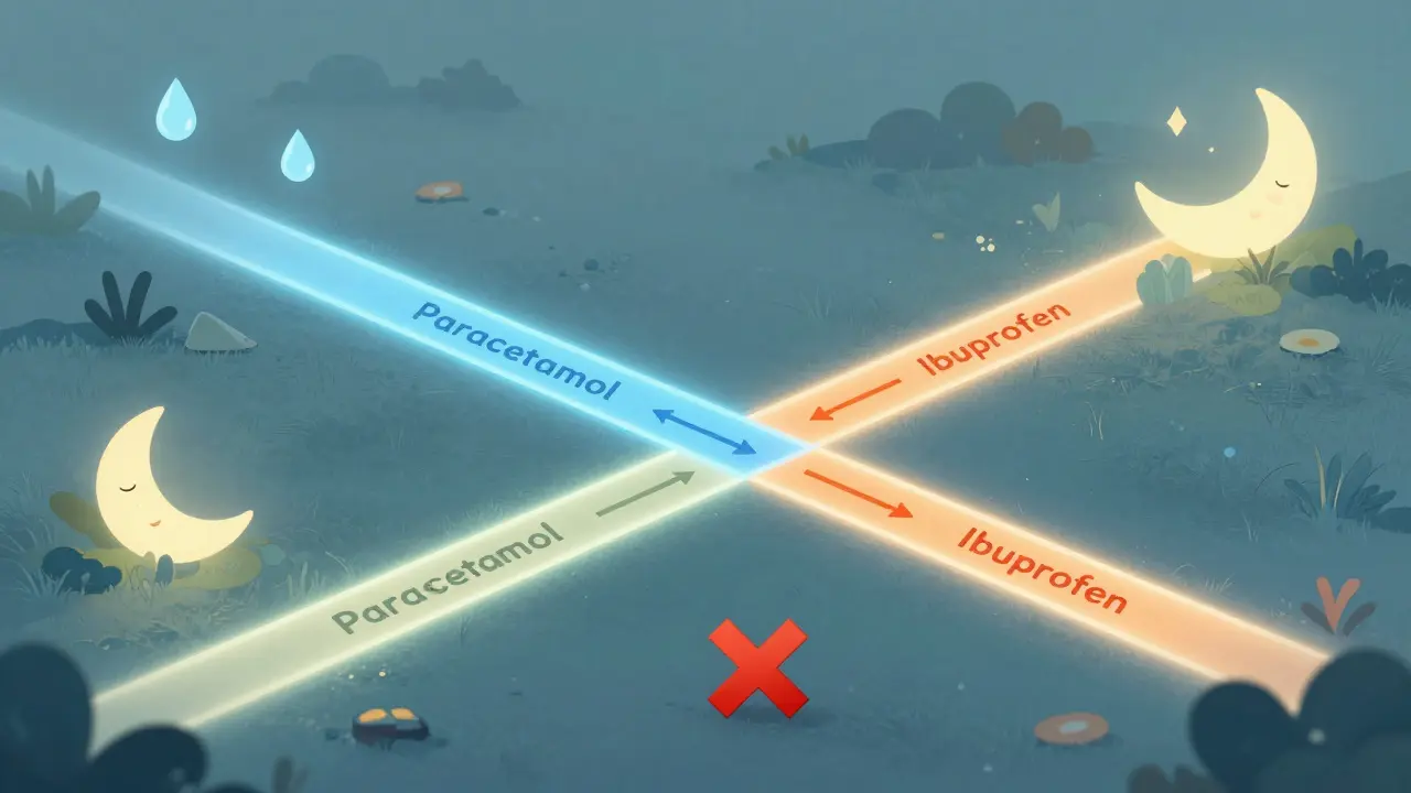 Konceptuální obrázek bezpečných intervalů podávání léků u dítěte s horečkou.