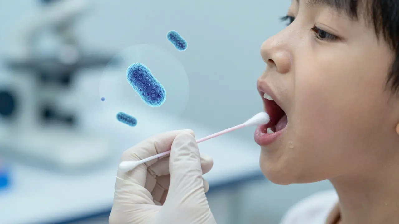 Lékař provádí rychlý test na streptokok z hrdla dítěte.