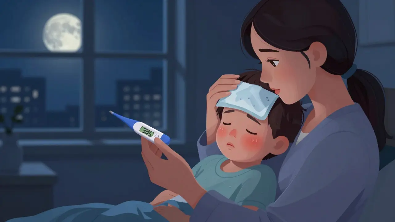Matka drží nemocné dítě v noci, na čele má chladný obklad, venku je měsíc.