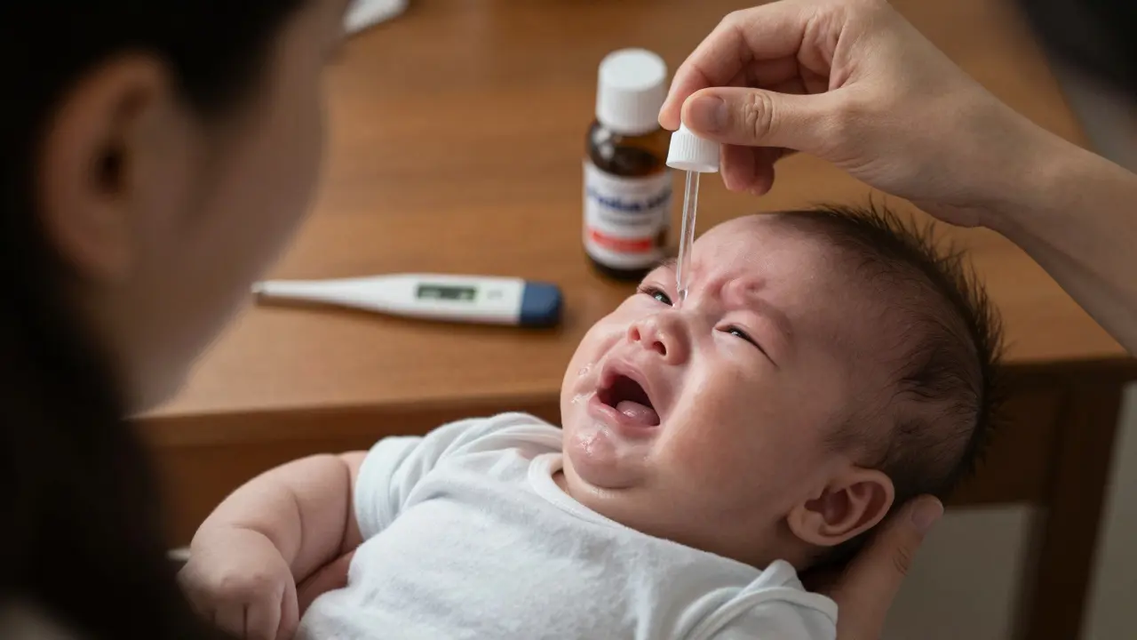Matka podává kojenci elektrolytový roztok pipetou, fontanela je zapadlá a oči suché.