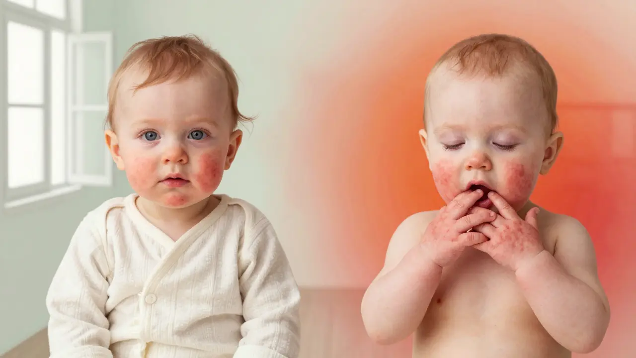 Porovnání dvou dětí: jedna s potničkami v záhybech kůže, druhá s vyrážkou na rukou a ústech, symbolizující různé příčiny.