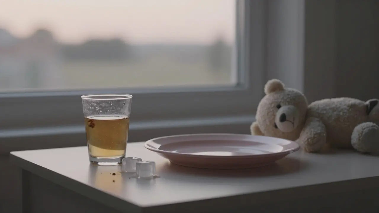 Prázdný talíř vedle chladného čaje a tajících kostek ledu.