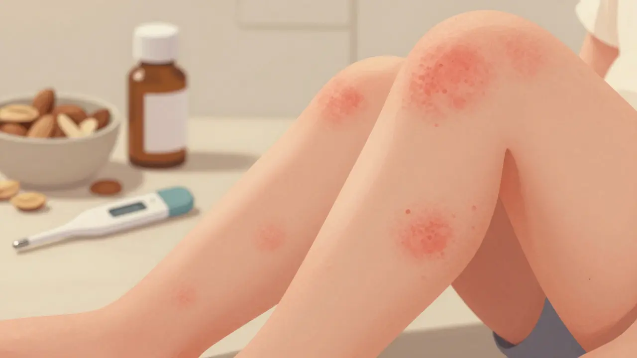 Přechodné vyrážky na kůži dítěte, které se přesouvají jako vlny, s výrazným bílým středem.