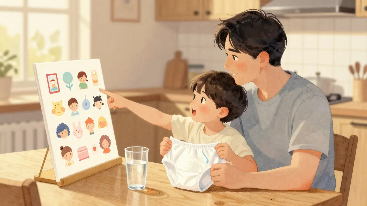 Rodič a dítě spolu sledují tabulku suchých nocí u kuchyňského stolu, dítě ukazuje na lepitky.