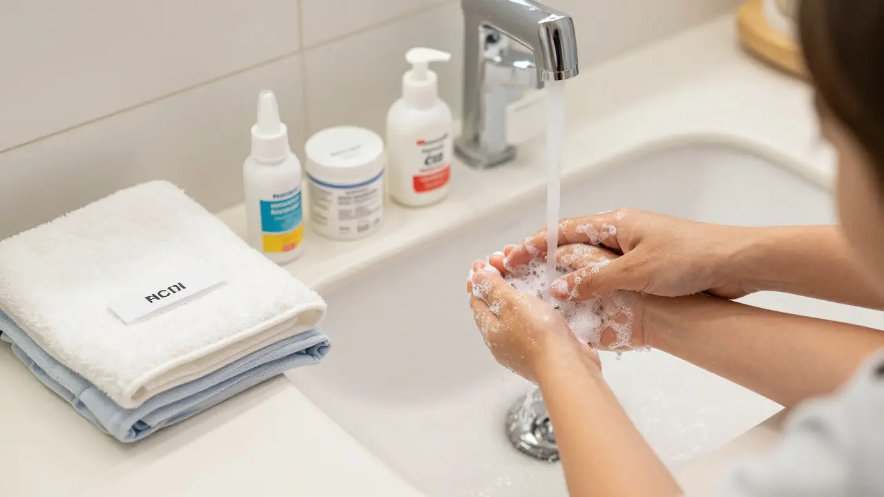 Rodič myje dítěti ruce, vedle jsou čisté ručníky a mast na antibiotika, zdůrazňující prevenci impetiga.