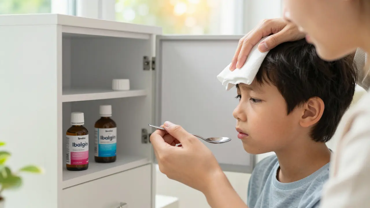 Rodič podává dítěti sirup ibuprofenu, na čele mokrý hadřík a oba léky na pozadí.