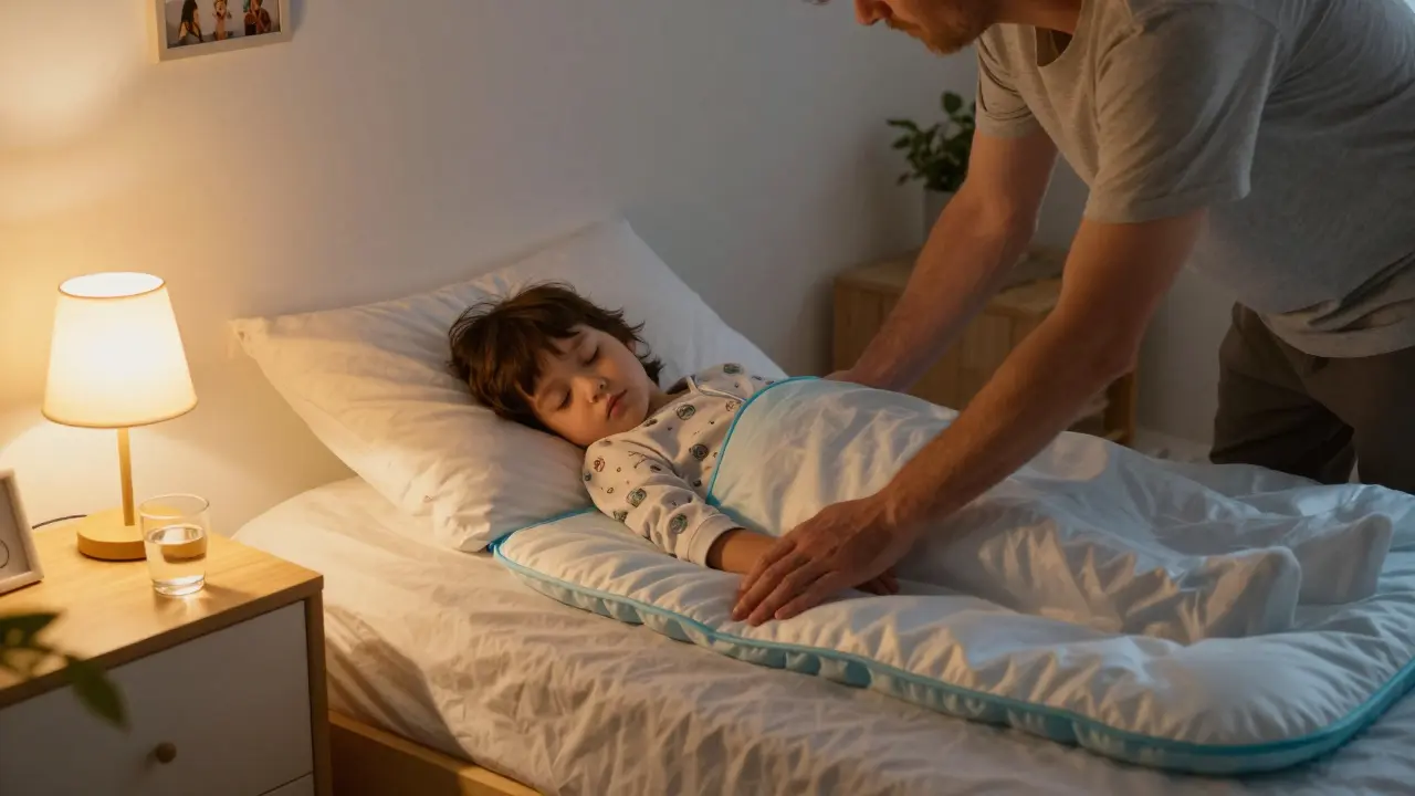 Rodič ukládá vodotěsnou podložku na postel, dítě spí v pozadí, klidná noční atmosféra.