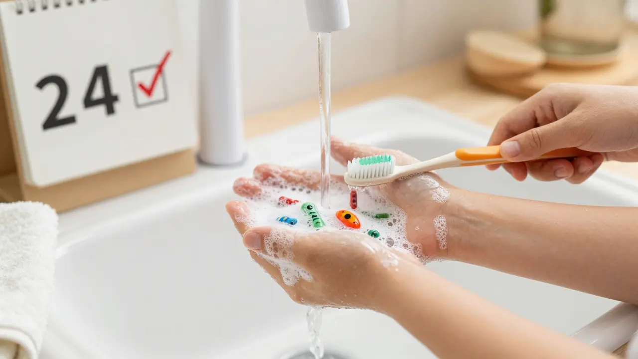 Rodina si myje ruce, bakterie se rozpouštějí ve vodě a mydlinách.